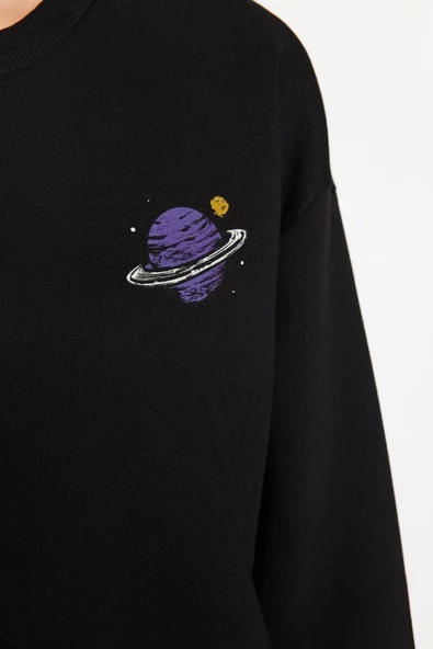 Regular Bisiklet Yaka Düşük Kol Regular Kalın İçi Polarlı Baskılı Normal Kalıp Örme Sweatshirt - 4