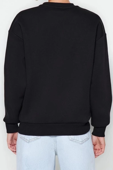 Regular Bisiklet Yaka Düşük Kol Regular Kalın İçi Polarlı Normal Kalıp Basic Örme Sweatshirt - 4