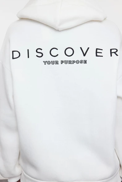 Tarz Bol Kapüşonlu Düşük Kol Uzun Sırt Baskılı Geniş Kalıp Kalın İçi Polarlı Örme Sweatshirt - 4