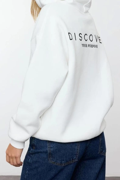 Tarz Bol Kapüşonlu Düşük Kol Uzun Sırt Baskılı Geniş Kalıp Kalın İçi Polarlı Örme Sweatshirt - 3