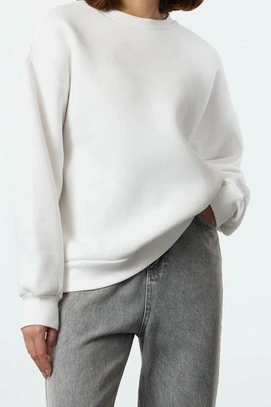 Tarz Oversize Bisiklet Yaka Düşük Kol Uzun Rahat Kesim Basic Kalın İçi polarlı Örme Sweatshirt - 2