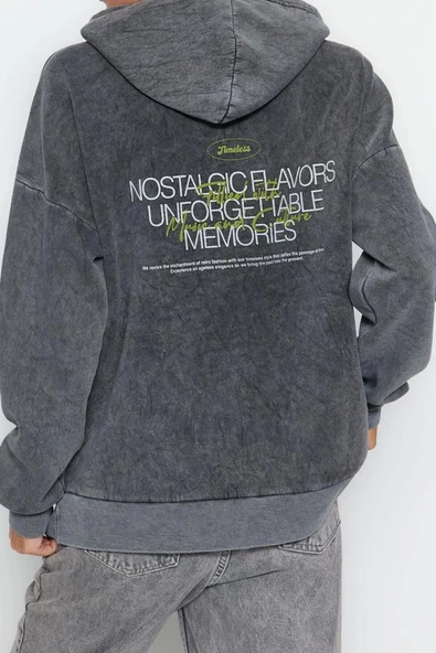 Tarz Bol Kapüşonlu Düşük Kol Uzun Kalın İçi Polarlı Yıkama Efektli Geniş Kalıp Örme Sweatshirt - 3