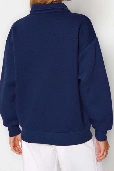 Oversize Gömlek Yaka Düşük Kol Uzun Gömlek Yaka Nakışlı Fit Kalın İçi Polarlı Örme Sweatshirt - 5