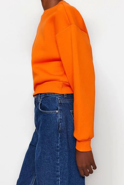 Tarz Crop Dik Yaka Düşük Kol Crop Rahat Kesim Crop Basic Kalın İçi polarlı Örme Sweatshirt - 2