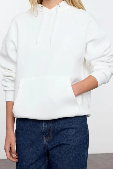 Tarz Bol Kapüşonlu Düşük Kol Uzun Sırt Baskılı Geniş Kalıp Kalın İçi Polarlı Örme Sweatshirt - 2