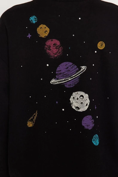 Regular Bisiklet Yaka Düşük Kol Regular Kalın İçi Polarlı Baskılı Normal Kalıp Örme Sweatshirt - 5
