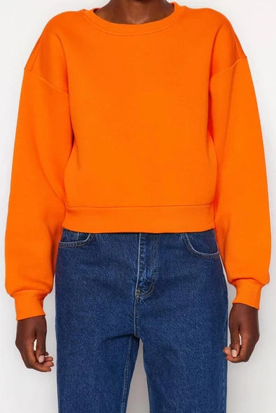 Tarz Crop Dik Yaka Düşük Kol Crop Rahat Kesim Crop Basic Kalın İçi polarlı Örme Sweatshirt - 6