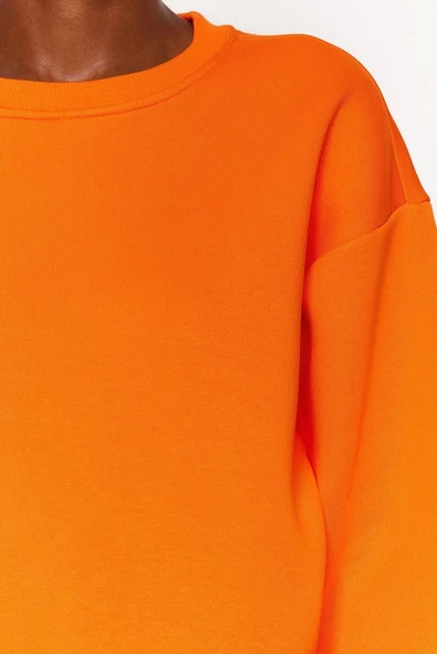 Tarz Crop Dik Yaka Düşük Kol Crop Rahat Kesim Crop Basic Kalın İçi polarlı Örme Sweatshirt - 3