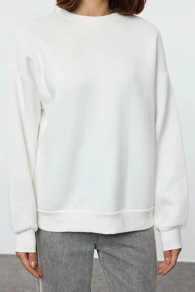 Tarz Oversize Bisiklet Yaka Düşük Kol Uzun Rahat Kesim Basic Kalın İçi polarlı Örme Sweatshirt - 5