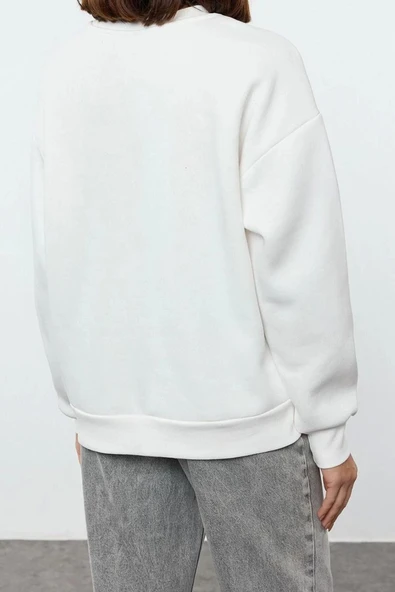 Tarz Oversize Bisiklet Yaka Düşük Kol Uzun Rahat Kesim Basic Kalın İçi polarlı Örme Sweatshirt - 4