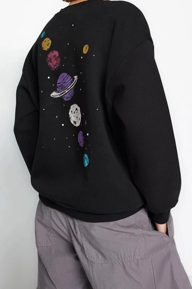 Regular Bisiklet Yaka Düşük Kol Regular Kalın İçi Polarlı Baskılı Normal Kalıp Örme Sweatshirt - 3