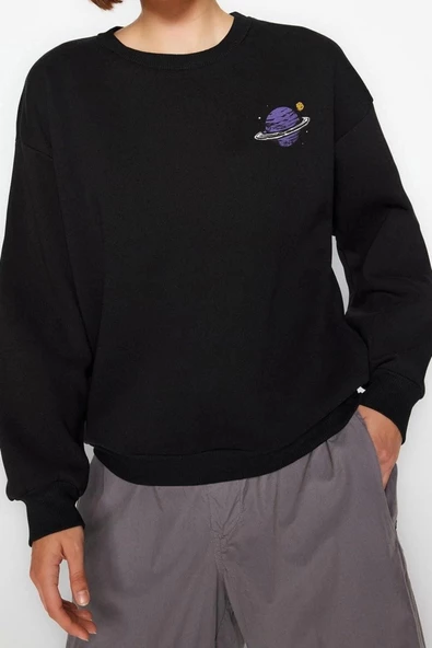 Regular Bisiklet Yaka Düşük Kol Regular Kalın İçi Polarlı Baskılı Normal Kalıp Örme Sweatshirt - 2