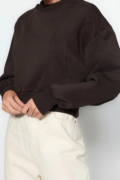 Bisiklet Yaka Düşük Kol Kalın İçi Polarlı Dikiş Detaylı Normal Kalıp Örme Sweatshirt