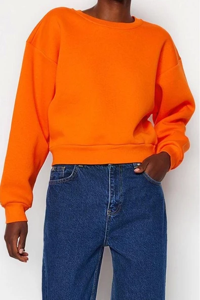 Tarz Crop Dik Yaka Düşük Kol Crop Rahat Kesim Crop Basic Kalın İçi polarlı Örme Sweatshirt - 4