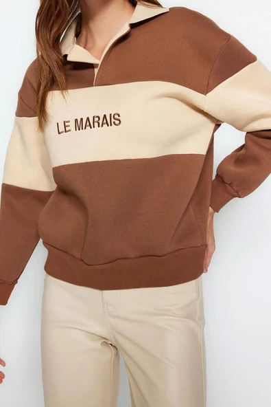 Polo Yaka Düşük Kol Kalın İçi Polarlı Normal Kalıp Nakışlı Polo Yaka Örme Sweatshirt - 3