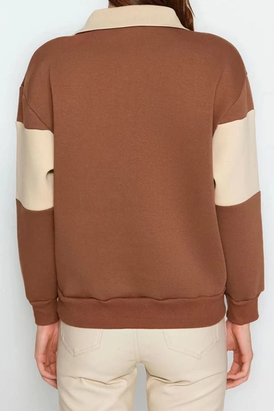 Polo Yaka Düşük Kol Kalın İçi Polarlı Normal Kalıp Nakışlı Polo Yaka Örme Sweatshirt - 5