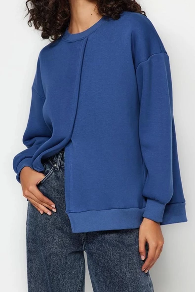 Regular Bisiklet Yaka Düşük Kol Regular Kalın İçi Polarlı Asimetrik Detaylı Örme Sweatshirt - 3