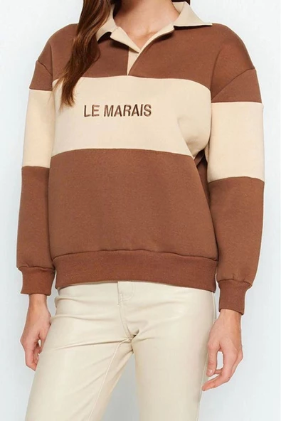 Polo Yaka Düşük Kol Kalın İçi Polarlı Normal Kalıp Nakışlı Polo Yaka Örme Sweatshirt - 2