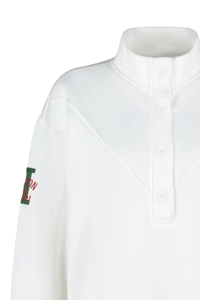 Regular Dik Yaka Standart Kol Regular Kalın İçi Polarlı Nakış ve Düğme Detaylı Örme Sweatshirt - 5