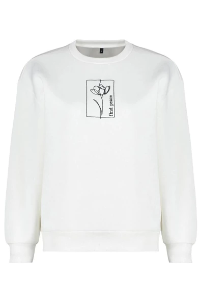 Tarz Regular Bisiklet Yaka Düşük Kol Regular Çiçek Nakışlı Kalın İçi Polarlı Örme Sweatshirt - 6