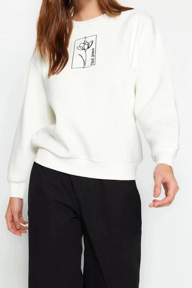 Tarz Regular Bisiklet Yaka Düşük Kol Regular Çiçek Nakışlı Kalın İçi Polarlı Örme Sweatshirt - 3
