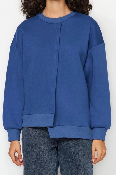 Regular Bisiklet Yaka Düşük Kol Regular Kalın İçi Polarlı Asimetrik Detaylı Örme Sweatshirt - 6
