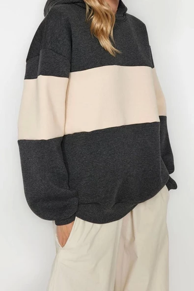 Tarz Bol Kapüşonlu Düşük Kol Uzun Kalın İçi Polarlı Geniş Kalıp Örme Sweatshirt - 2