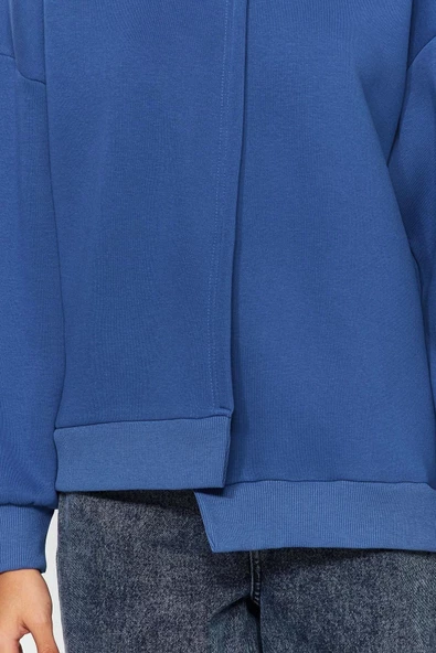 Regular Bisiklet Yaka Düşük Kol Regular Kalın İçi Polarlı Asimetrik Detaylı Örme Sweatshirt - 4