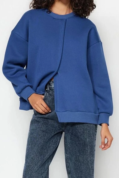 Regular Bisiklet Yaka Düşük Kol Regular Kalın İçi Polarlı Asimetrik Detaylı Örme Sweatshirt - 2