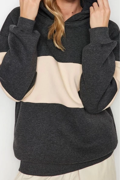 Tarz Bol Kapüşonlu Düşük Kol Uzun Kalın İçi Polarlı Geniş Kalıp Örme Sweatshirt - 3