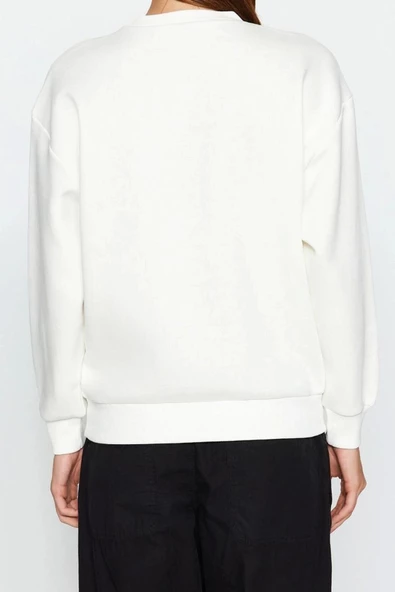 Tarz Regular Bisiklet Yaka Düşük Kol Regular Çiçek Nakışlı Kalın İçi Polarlı Örme Sweatshirt - 5