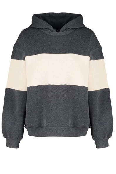 Tarz Bol Kapüşonlu Düşük Kol Uzun Kalın İçi Polarlı Geniş Kalıp Örme Sweatshirt - 6