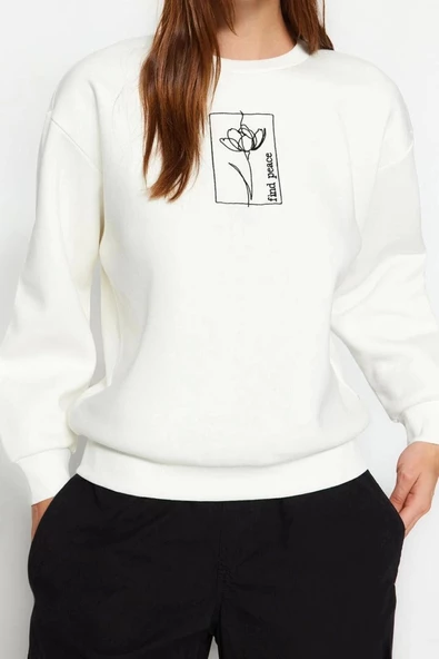Tarz Regular Bisiklet Yaka Düşük Kol Regular Çiçek Nakışlı Kalın İçi Polarlı Örme Sweatshirt - 2