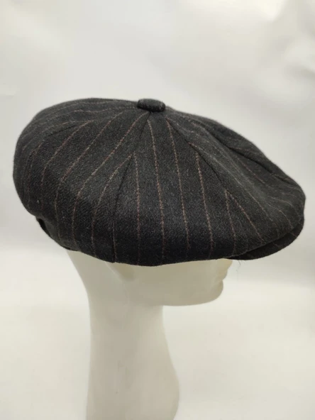 İnce Çizgili Şık Erkek Klasik Kasket Siyah Renk - Resim 8