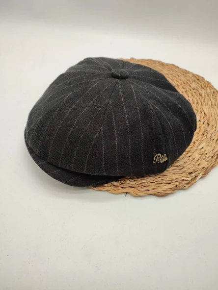 İnce Çizgili Şık Erkek Klasik Kasket Siyah Renk - Resim 6