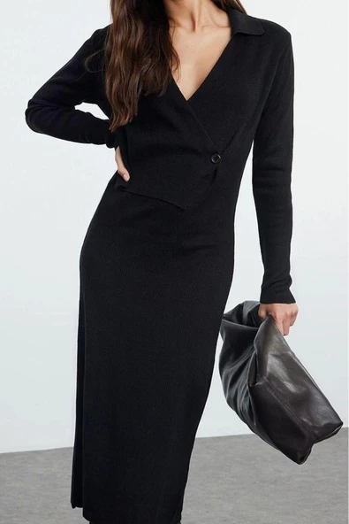 Moda Stil Regular Kruvaze Midi Boy Triko Düz Elbise
