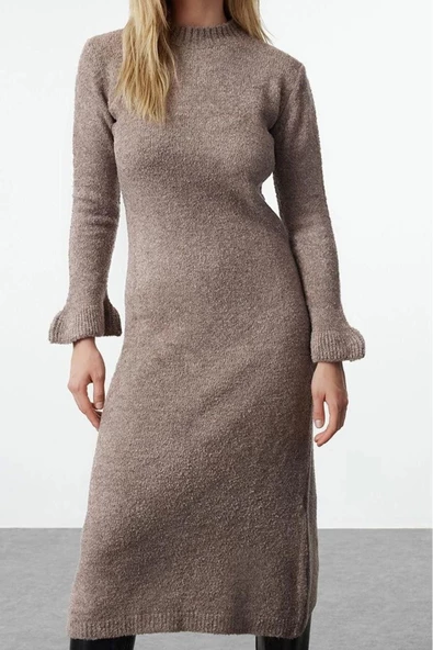 Moda Stil Regular Bisiklet Yaka Midi Boy Triko Buklet Elbise