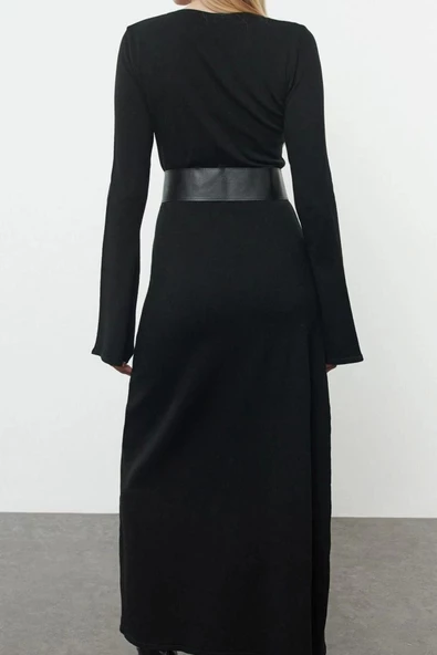 Moda Stil Regular Bisiklet Yaka Maxi Boy Triko Kemerli Elbise - 5