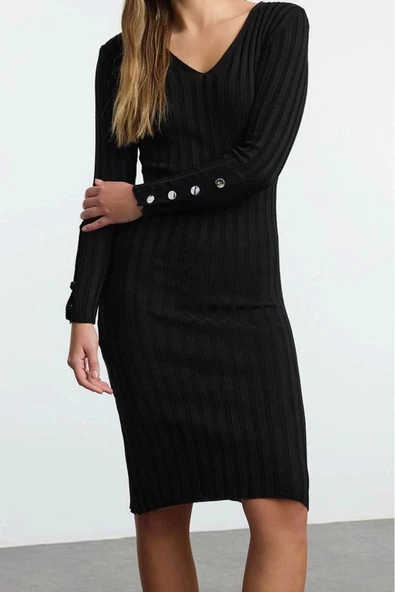 Moda Stil Regular V Yaka Midi Boy Triko Basic Elbise
