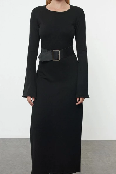 Moda Stil Regular Bisiklet Yaka Maxi Boy Triko Kemerli Elbise - 3