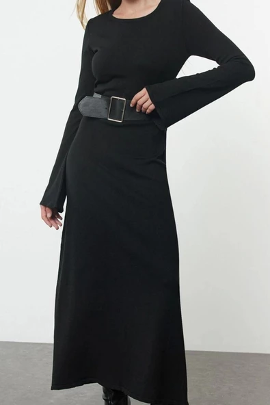 Moda Stil Regular Bisiklet Yaka Maxi Boy Triko Kemerli Elbise - 1