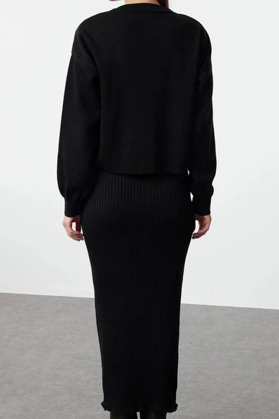Moda Stil Regular Bisiklet Yaka Midi Boy Triko Kazak-Elbise Takım - 5