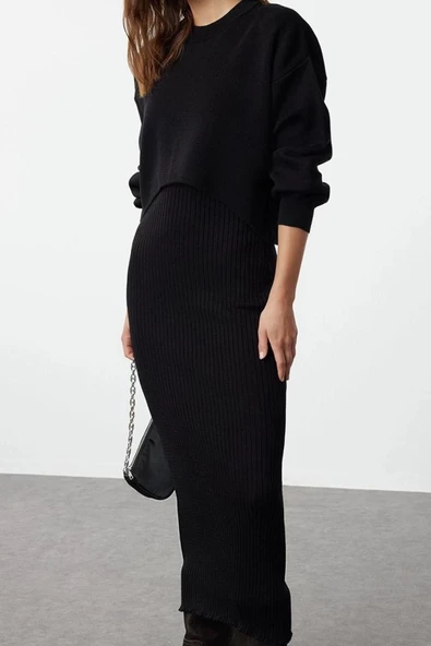 Moda Stil Regular Bisiklet Yaka Midi Boy Triko Kazak-Elbise Takım - 4