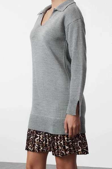 Moda Stil Regular Polo Yaka Mini Boy Triko Garnili Elbise - Resim 4