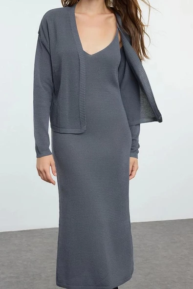 Moda Stil Slim V Yaka Midi Boy Premium İplik Özel İplik Triko Hırka- Elbise Takım
