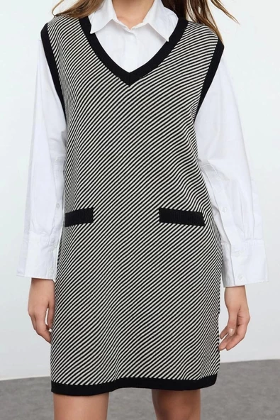 Moda Stil Regular V Yaka Mini Boy Triko Renk Bloklu Elbise