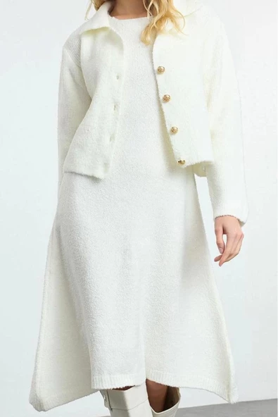 Moda Stil Slim Polo Yaka Midi Boy Triko Ceket Görünümlü Hırka-Elbise Takım