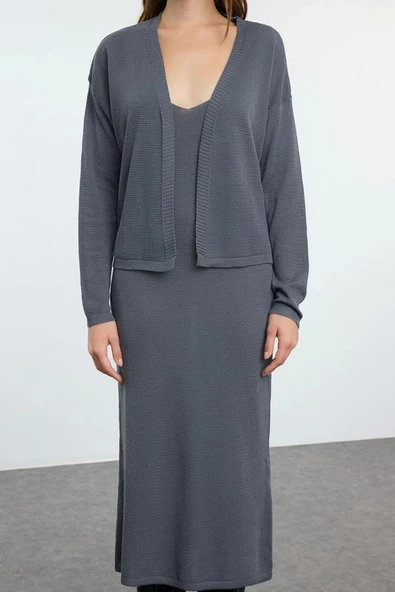 Moda Stil Slim V Yaka Midi Boy Premium İplik Özel İplik Triko Hırka- Elbise Takım - 3