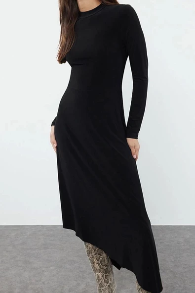Moda Stil Slim Bisiklet Yaka Maxi Boy Düz Skater Belden Açılan Asimetrik Esnek Örme Elbise