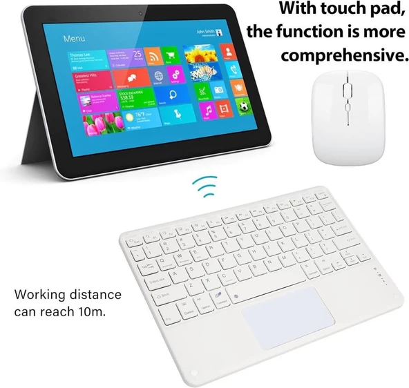 Huawei Mediapad T3 10 9.6" Uyumlu Kablosuz Bluetooth Dahili Bataryalı Şarjlı TouchPad'li Klavye Mouse Seti - Beyaz - 4